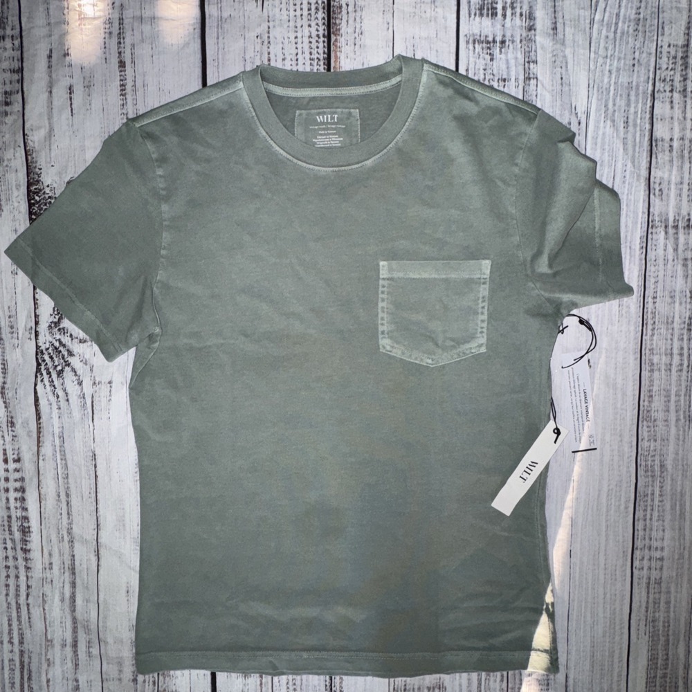 WILT  Men's Vintage Wash Green Cotton Jersey Med Short Sleeve T-Shirt Pocket